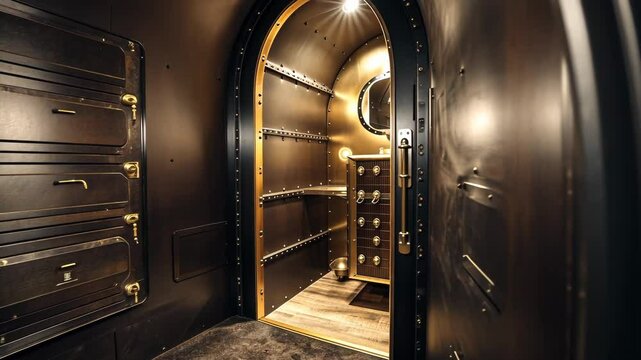 Vintage airship interior luxury hallway with brass paneling