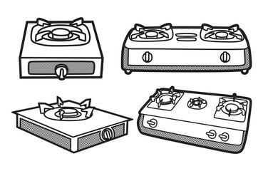 vector four black and white images, line art, simple gas stove