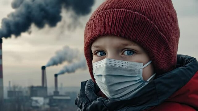 Child wearing face mask near industrial smoke stack on a gloomy day depicting ecology and environmental pollution concept