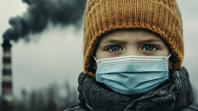 Child wearing face mask near industrial smoke stack on a gloomy day depicting ecology and environmental pollution concept