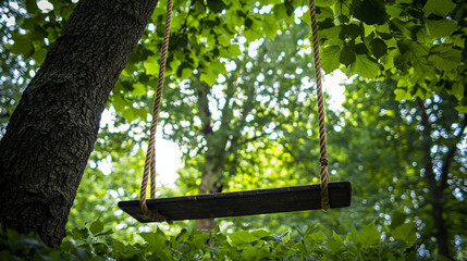 rustic rope swing hangs from tree surrounded by lush green leaves