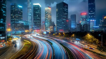 Obraz premium Night cityscape with illuminated skyscrapers and traffic light trails on highway.