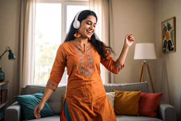 Happy young Indian woman wearing traditional clothes listening to music with headphones at home and dancing