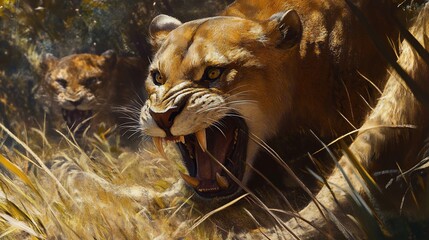 Two ferocious prehistoric predators, one roaring, in a sunlit savanna.