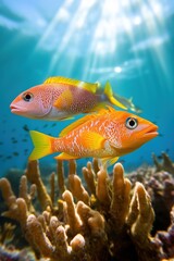 Naklejka premium Vibrant Orange Reef Fish Swimming Coral Reef Sunlight Background