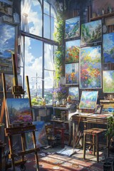 Obraz premium Sunlit artist studio vibrant with colorful paintings sketches easel tools. Creativity abounds in this eclectic workspace.