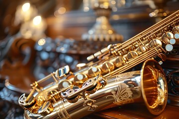 Fototapeta premium Gold alto saxophone rests on ornate wooden surface, candles blurred in background.