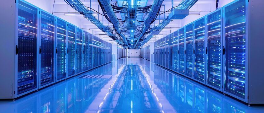Modern server room pristine cable management.  Blue LED lighting illuminates sleek racks a reflective floor.  Symmetrical design corporate shadows.