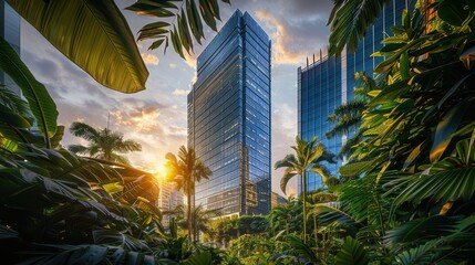Fototapeta premium Modern glass skyscraper headquarters bathed in golden hour light. Lush tropical greenery surrounds the steel and glass architecture creating a vibrant urban oasis.