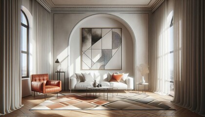 Minimalist living room, curved white sofa, round wooden coffee table, abstract red artwork, arched doorway, terracotta accent chair, neutral color palette, natural light, textured curtains, modern int