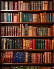 Rows of antique books fill a classic wooden bookshelf.