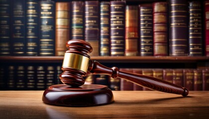 Gavel on wooden surface with books in background.