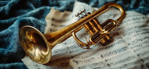 Naklejka premium Golden trumpet rests on aged sheet music.