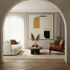 Minimalist living room, curved white sofa, round wooden coffee table, abstract red artwork, arched doorway, terracotta accent chair, neutral color palette, natural light, textured curtains, modern int