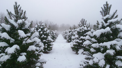 Snow covered evergreens line misty path, creating serene winter landscape