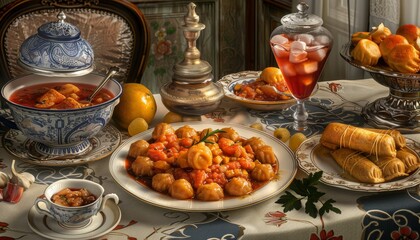 A traditional Middle Eastern meal with a variety of dishes including soup, meat, and pastries.