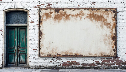 Vintage sign mockup of large blank signage on the side of a brick building exterior wall with rough crumbling bricks and peeling paint