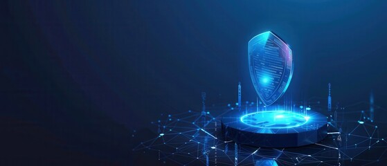 Network security visualized. A glowing holographic shield rests on a platform within a digital network.  Clean tech aesthetic for corporate applications.  Secure your data.