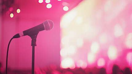 Obraz premium Microphone on stage with vibrant pink background lights