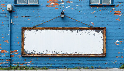 Vintage sign mockup of large blank signage on the side of a brick building exterior wall with rough crumbling bricks and peeling paint