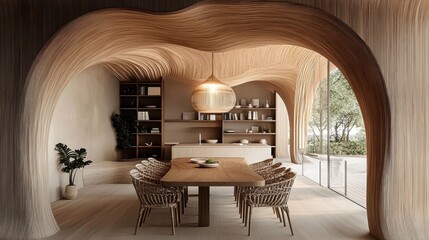 Elegant dining room, arched doorways, warm wood tones, built-in bookshelves, round dining table, modern pendant light, minimalist chairs, large window, indoor plants, neutral color palette, cozy inter