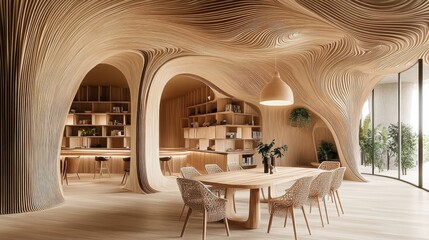Elegant dining room, arched doorways, warm wood tones, built-in bookshelves, round dining table, modern pendant light, minimalist chairs, large window, indoor plants, neutral color palette, cozy inter © KenPix