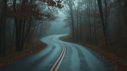 Obraz premium Winding road through foggy morning in forest, Fall season with copy space