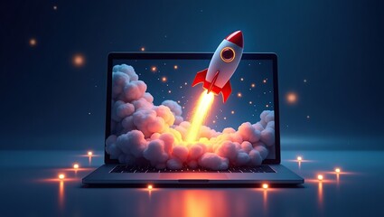 Rocket launching from laptop screen digital innovation