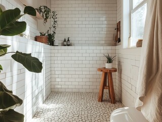 Sunlit Modern Bathroom With White Tiles and Plants