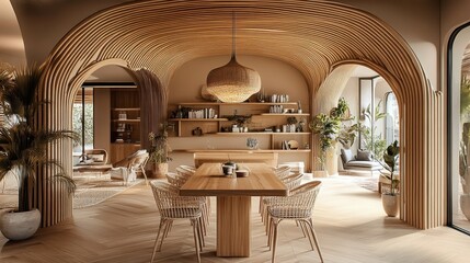 Elegant dining room, arched doorways, warm wood tones, built-in bookshelves, round dining table, modern pendant light, minimalist chairs, large window, indoor plants, neutral color palette, cozy inter