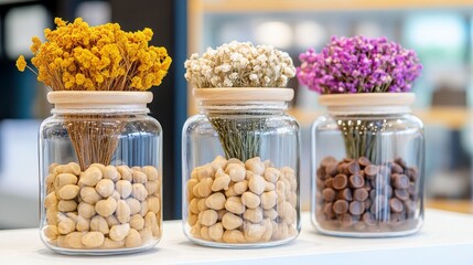 Colorful Dry Flowers in Glass Jars with Decorative Pebbles