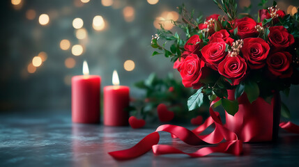 Obraz premium Red roses and candles, love and romance, valentine's day background