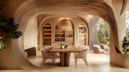Minimalist interior design, curved archways, soft beige tones, circular wooden dining table, built-in shelving, organic shapes, natural light, warm ambiance, terracotta floor tiles, Mediterranean-insp