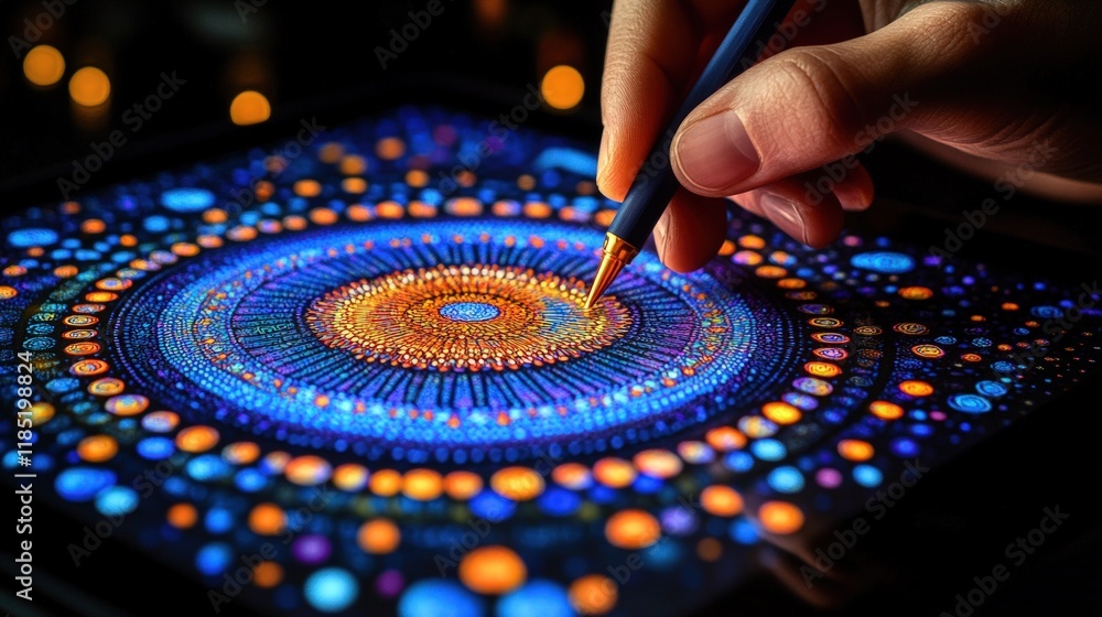 Poster hand using stylus to create intricate digital mandala art on tablet.