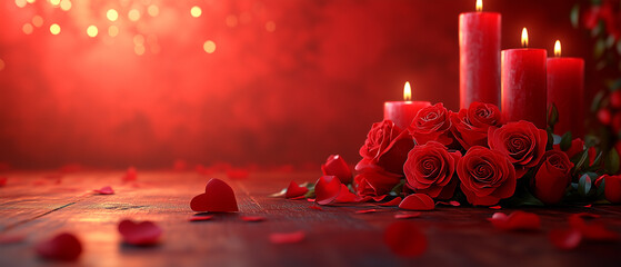 Red roses and candles, love and romance, valentine's day background
