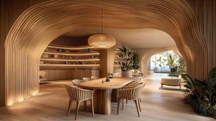 Minimalist interior design, curved archways, soft beige tones, circular wooden dining table, built-in shelving, organic shapes, natural light, warm ambiance, terracotta floor tiles, Mediterranean-insp
