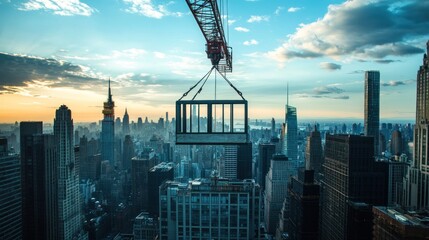 City skyline with a crane lifting construction materials.