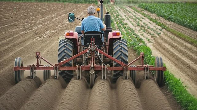 A farmer diligently works the land, driving a red tractor with a tiller attachment across a field, creating precise rows in the brown soil.  