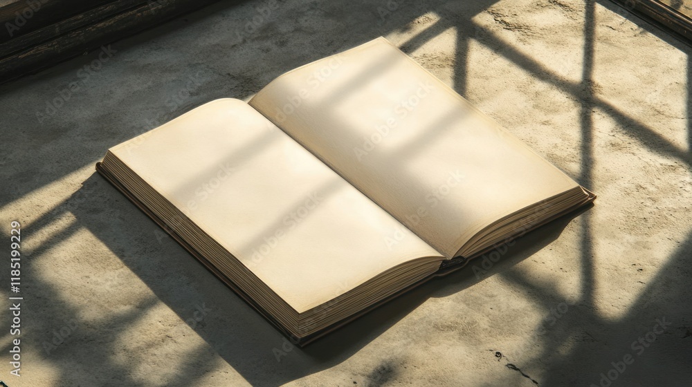 Aufkleber an open blank book on a surface with shadows.