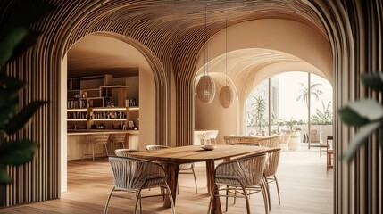 Minimalist interior design, curved archways, soft beige tones, circular wooden dining table, built-in shelving, organic shapes, natural light, warm ambiance, terracotta floor tiles, Mediterranean-insp