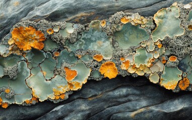 Fototapeta premium Bright orange and green lichen covers a rocky surface, showcasing intricate patterns and textures. This vibrant display of nature can be found in a forested area under soft daylight
