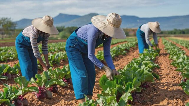 Three farmworkers diligently cultivate rows of vibrant green crops under a clear sky, their efforts embodying the dedication and hard work required for bountiful harvests.