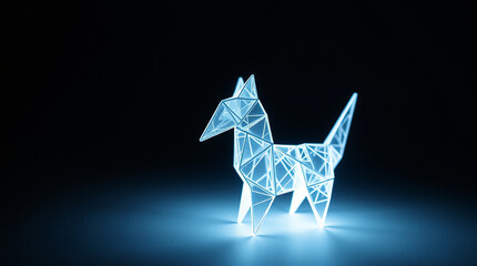 Glowing geometric animal figurine, illuminated against a dark background.  Modern art, abstract...