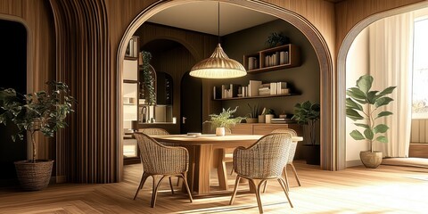 Minimalist interior design, curved archways, soft beige tones, circular wooden dining table, built-in shelving, organic shapes, natural light, warm ambiance, terracotta floor tiles, Mediterranean-insp