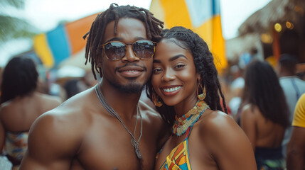 Fototapeta premium A cheerful couple posing together at an outdoor festival, surrounded by vibrant decor and lively energy, sharing happy moments.