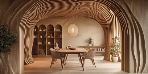 Minimalist interior design, curved archways, soft beige tones, circular wooden dining table,...