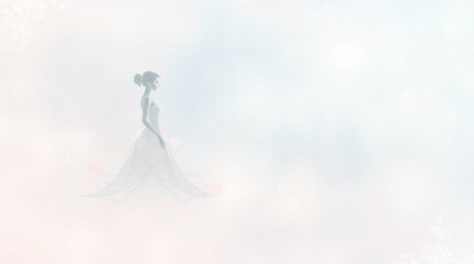 Elegant woman in flowing gown, ethereal and dreamy, against a soft, light background. Perfect for wedding, fashion, or romance themes.