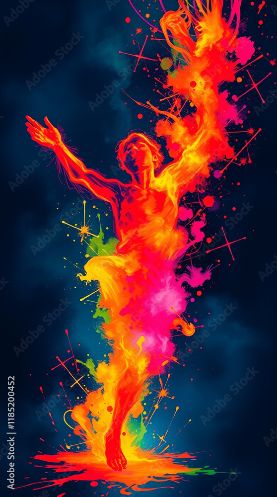 Poster vibrant abstract art depicting a figure bursting with color and energy. a dynamic splash of paint an
