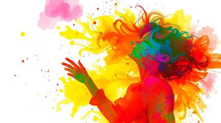 Fototapeta premium Vibrant watercolor portrait of a woman, her hair flowing like colorful paint. A joyful expression of creativity and freedom.