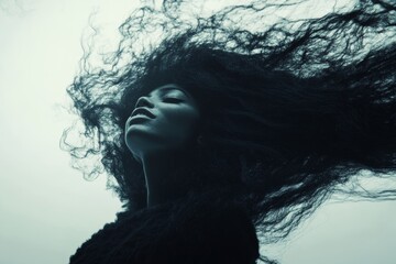 Commercial marketing concept concept art layout. Attractive happy mixed-race girl - for ads, poster and digital use. Long hairdo - afro hair. Colored hair models inspiration. Vibrant long hair.